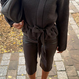 Veste en maille ceinturée à col montant - marron -