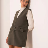 Robe courte col V - kaki