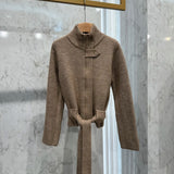 Veste en maille ceinturée à col montant - beige taupe -